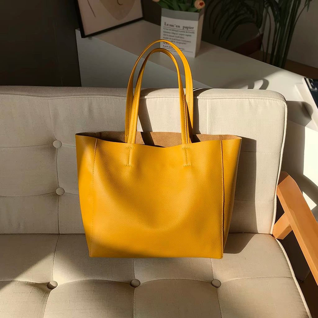 Fashion Large Yellow Full-Grain Leather Shoulder Tote Bag, Lazy Commute Handbag