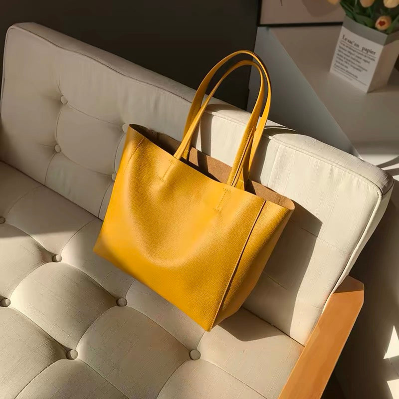 Fashion Large Yellow Full-Grain Leather Shoulder Tote Bag, Lazy Commute Handbag