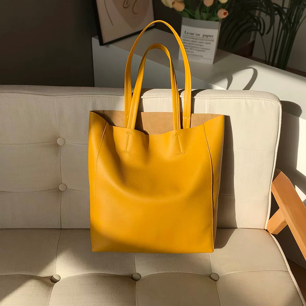 Fashion Large Yellow Full-Grain Leather Shoulder Tote Bag, Lazy Commute Handbag