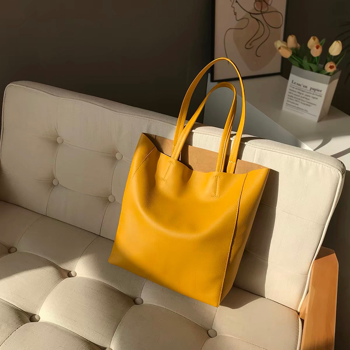 Fashion Large Yellow Full-Grain Leather Shoulder Tote Bag, Lazy Commute Handbag