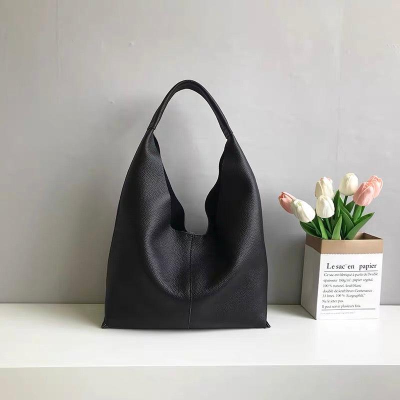 New Minimalist Commute Tote Bag for Women, Large Capacity Soft Full-Grain Cow Leather Casual Underarm Shoulder Handbag