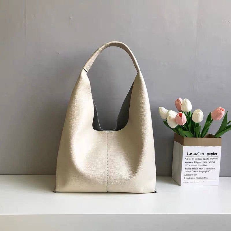 New Minimalist Commute Tote Bag for Women, Large Capacity Soft Full-Grain Cow Leather Casual Underarm Shoulder Handbag