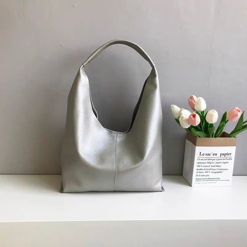 New Minimalist Commute Tote Bag for Women, Large Capacity Soft Full-Grain Cow Leather Casual Underarm Shoulder Handbag