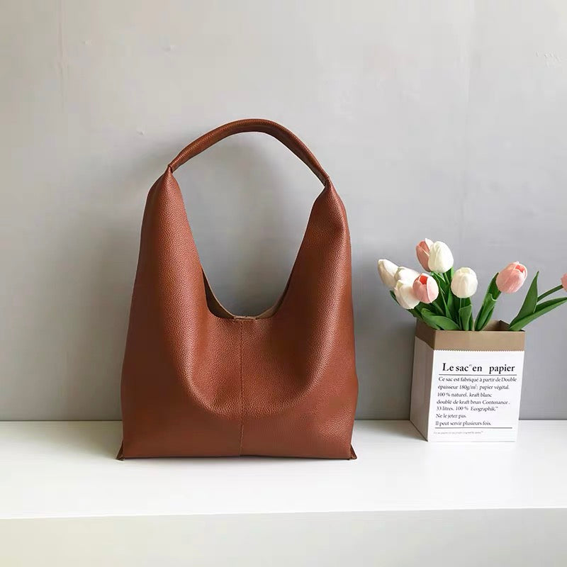 New Minimalist Commute Tote Bag for Women, Large Capacity Soft Full-Grain Cow Leather Casual Underarm Shoulder Handbag