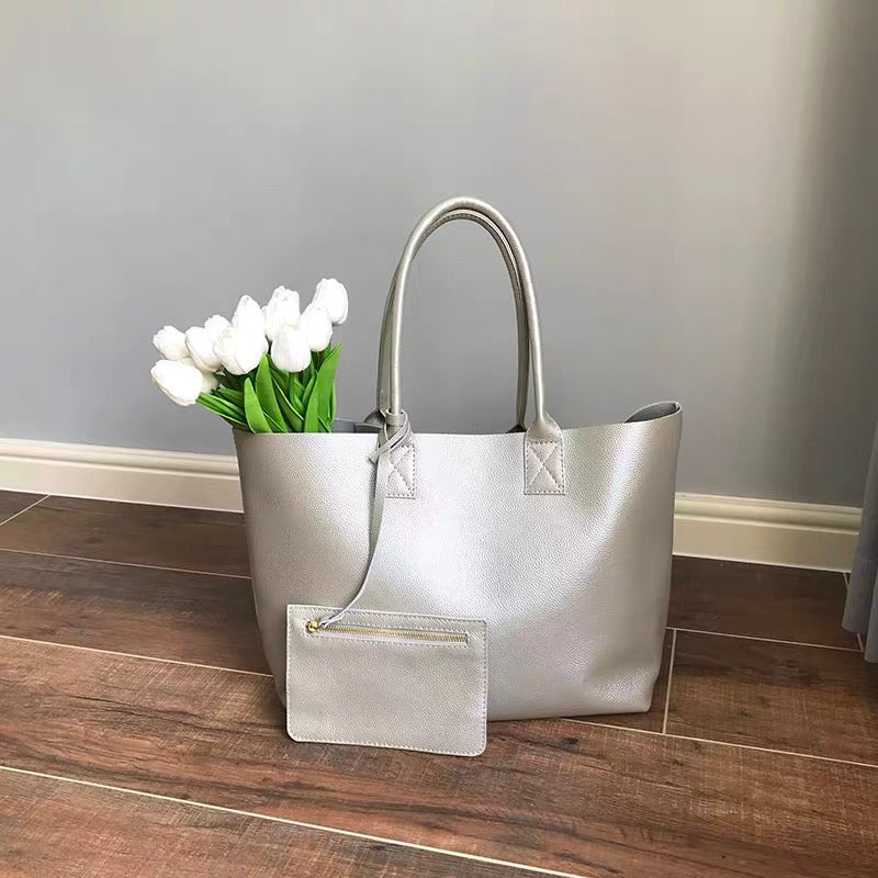 Minimalist Unique Soft Full-Grain Cowhide Tote Bag, Large Work Handbag with Shoulder & Top Handles for Women Daily Commute