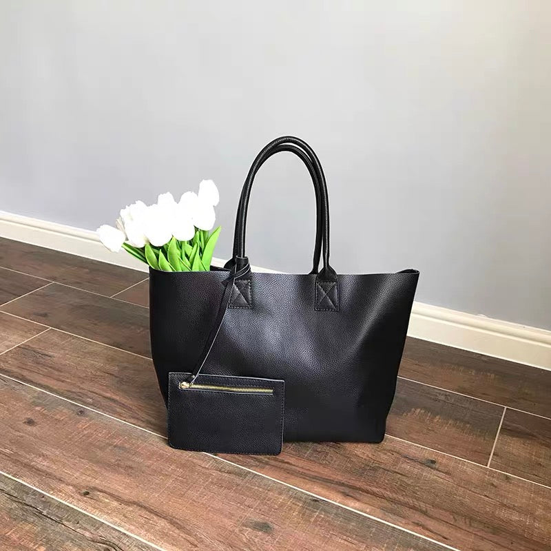 Minimalist Unique Soft Full-Grain Cowhide Tote Bag, Large Work Handbag with Shoulder & Top Handles for Women Daily Commute
