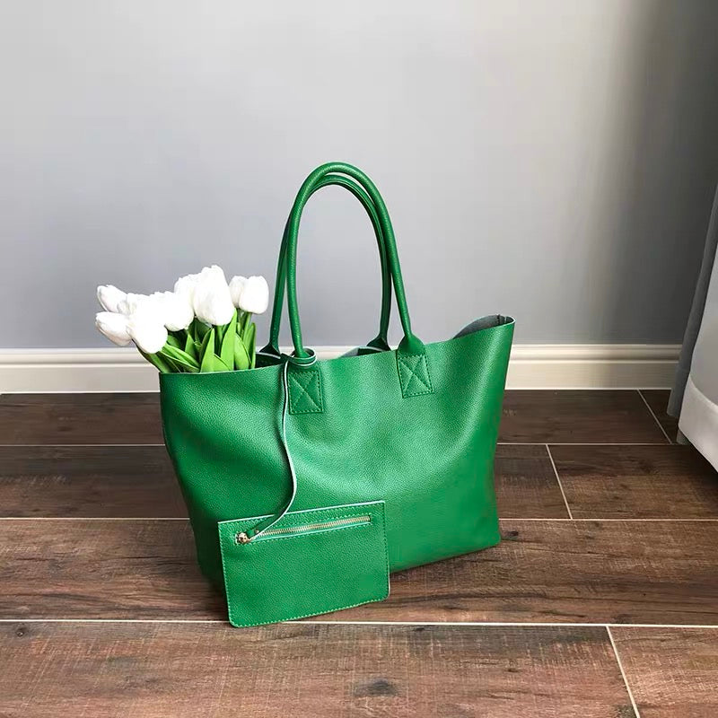 Minimalist Unique Soft Full-Grain Cowhide Tote Bag, Large Work Handbag with Shoulder & Top Handles for Women Daily Commute