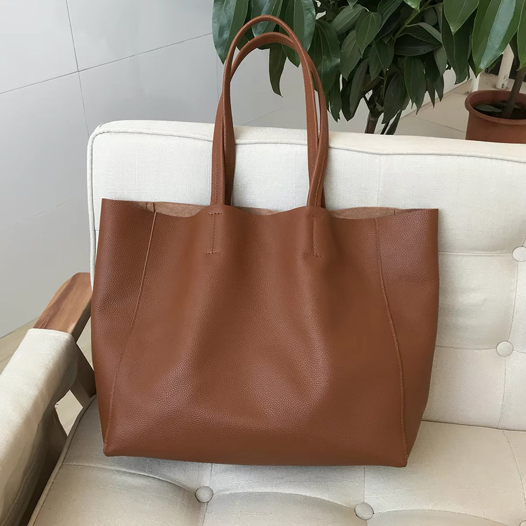 Minimalist Fashion Versatile Full-Grain Cow Leather Shopping Tote Bag, Extra Large Capacity Shoulder Handbag for Women