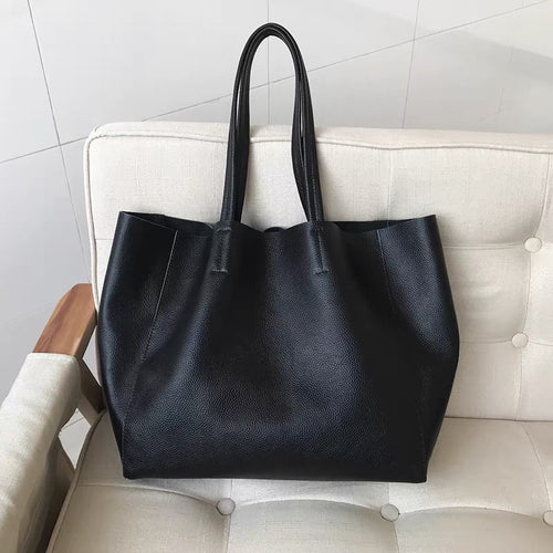Minimalist Fashion Versatile Full-Grain Cow Leather Shopping Tote Bag, Extra Large Capacity Shoulder Handbag for Women