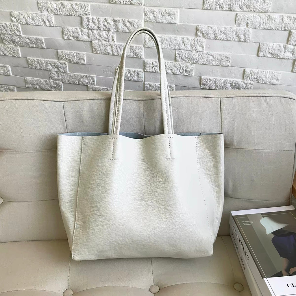 Minimalist Fashion Versatile Full-Grain Cow Leather Shopping Tote Bag, Extra Large Capacity Shoulder Handbag for Women